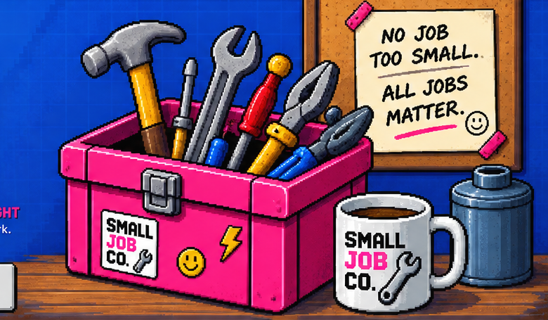 Pixel art toolbox filled with handyman tools beside a no job too small note